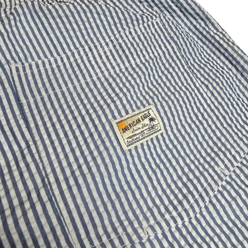 American Eagle Swim Trunks Mens XXL Blue White Stripe Seersucker 5